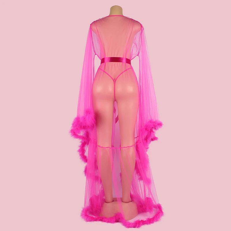 Robes Women Pajamas Set Multi-color Plus Size Transparent Satin Bathrobe V Neck Feather Sexy Lingerie Dress With Long Sleeves