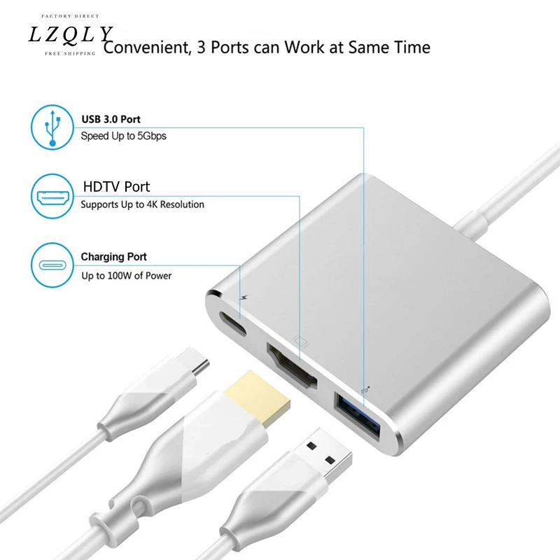 

Адаптер LZQLY с Type C на 4K HDMI, USB C 3,0, VGA, док-станция для Macbook HP Zbook Samsung S20 Dex Huawei P30 Xiaomi 11 TV