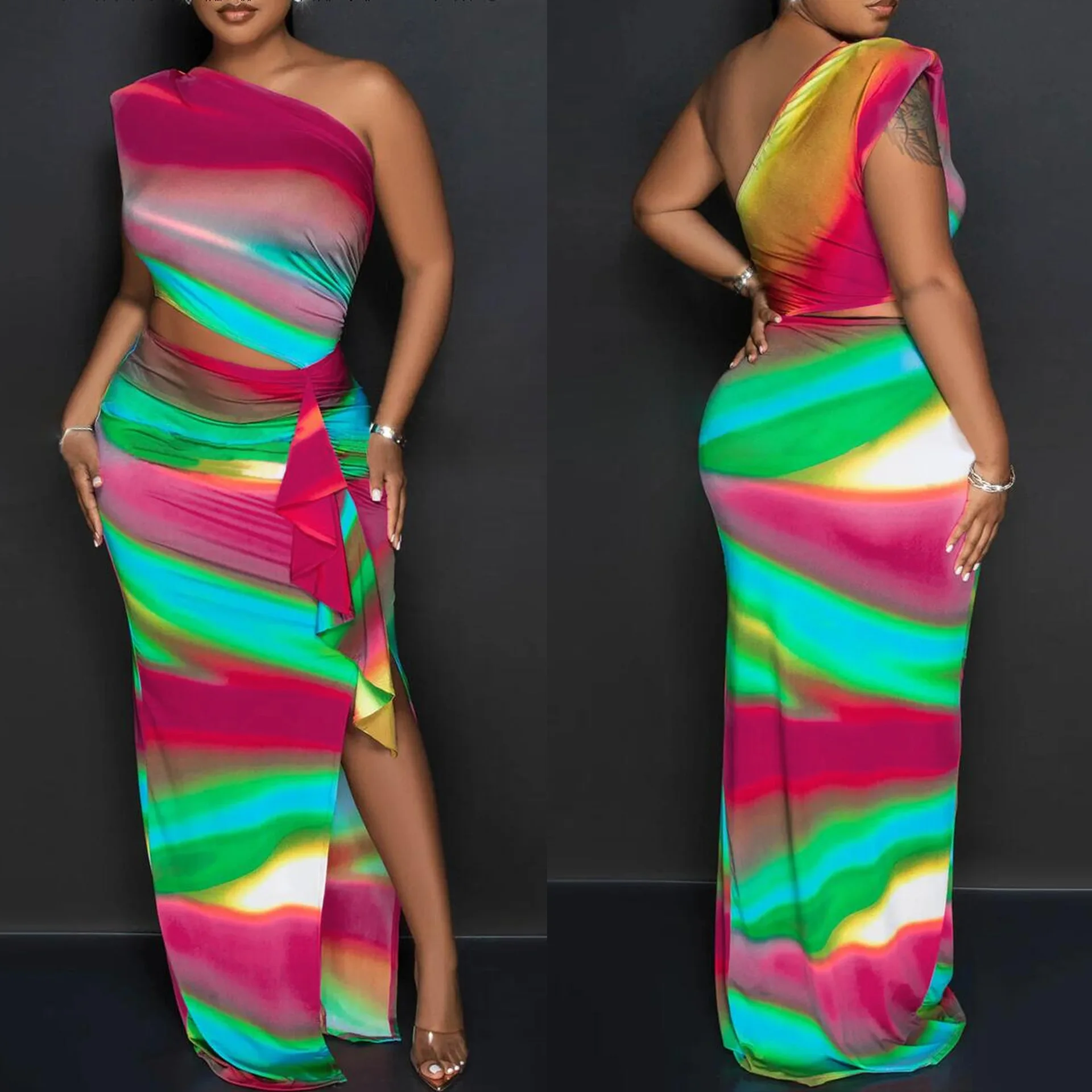 

Женское платье-макси без рукавов, с разрезом на одно плечо и разрезом сбоку