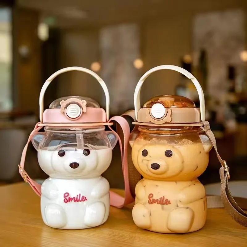 

1000ml Cute Bear Big Belly Drinking Cup Summer Good-looking Student Portable Creative Large Capacity Plastic Kettle with Straw