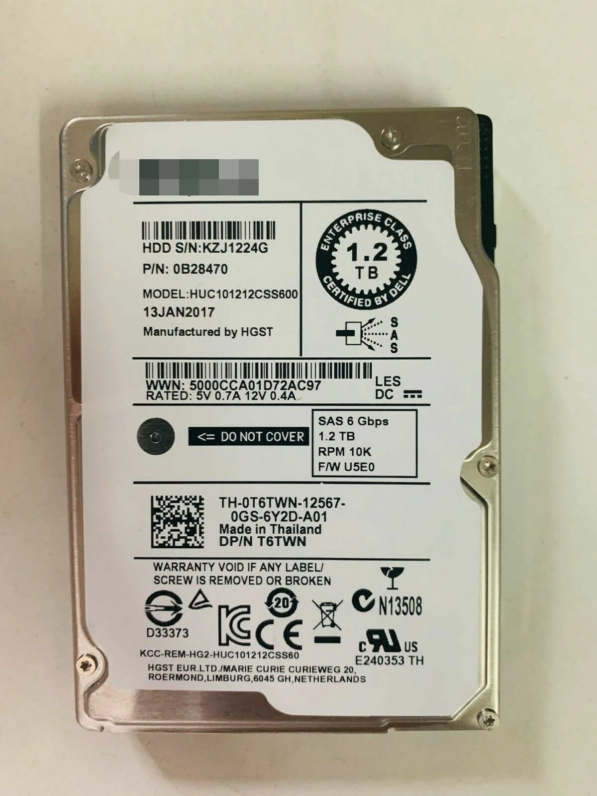 

Для Dell 1,2 TB 6G 10K 2,5 "SAS 0T6TWN T6TWN HUC101212CSS600 HDD жесткий диск w Tray