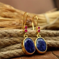 ethnic lapis lazuli earring vintage jewelry metal gold color carving water droplets blue stone dangle earrings for women