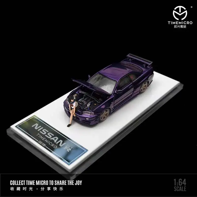 

TIME MICRO 1:64 Nissan Gtr34 открытая Обложка Ограниченная серия Полночно-фиолетовая/изумрудно-зеленая модель автомобиля