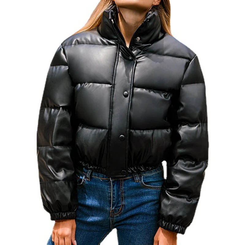 Women Winter Long Sleeve Short Puffer Jacket Zip Up Button Down Cropped Quilted Parkas Coat PU Imitation Leather Warm Bread with