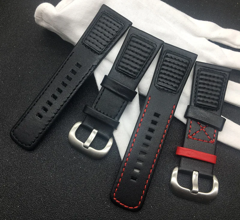 

28mm watchband for Seven Friday strap Italian Genuine Leather Black Red sewing line M/P/S Series Men Watch band buckle logo on