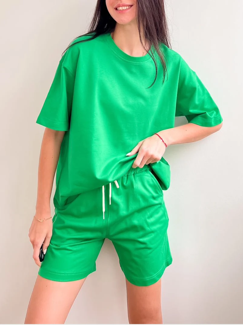 

Summer Green Suit T-shirt and Shorts for Women 2023 New Soft 100% Cotton Two-piece Set Yellow Home Suits Basic Women's Tracksuit