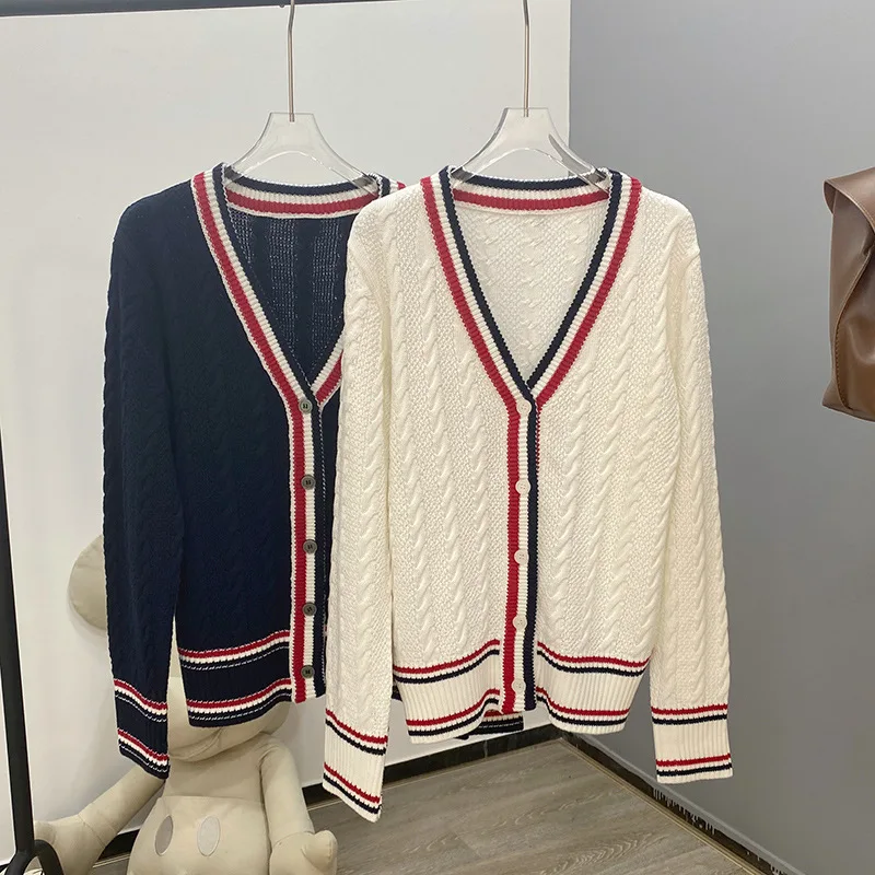 

High Quality Korean Fashion TB Autumn/Winter New Academic V-Neck Loose Versatile Stripe Contrast T-Shirt Cardigan Sweater Coat