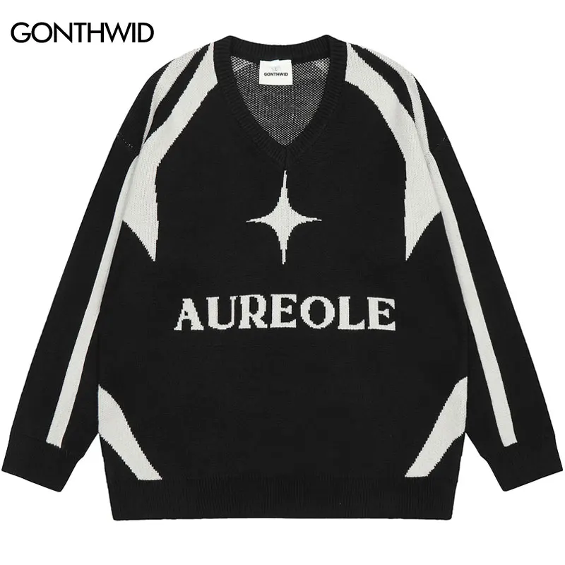 

Мужской спортивный свитер Y2K, стиль ретро, американский стиль, женский джемпер с V-образным вырезом, уличная одежда 2023, модный Свободный пуловер, свитера, черный