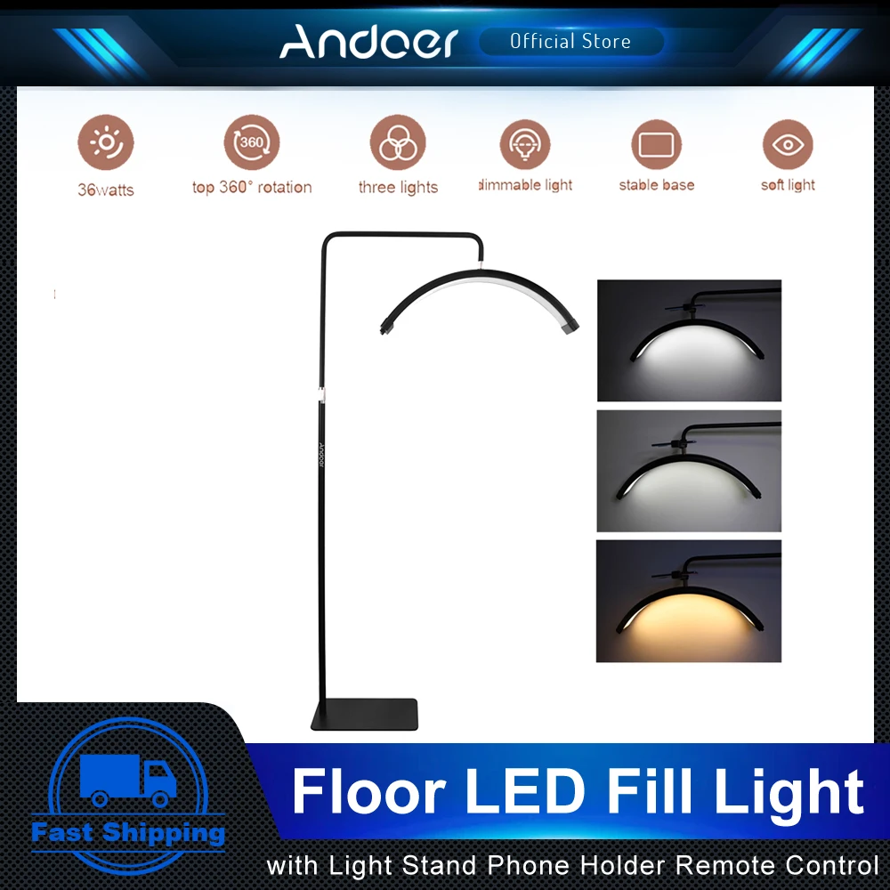 Andoer HD-M6X Floor LED Video Light Half-moon Shaped Fill Light 3000K-6000K with Metal Light Stand Phone Holder Remote Control