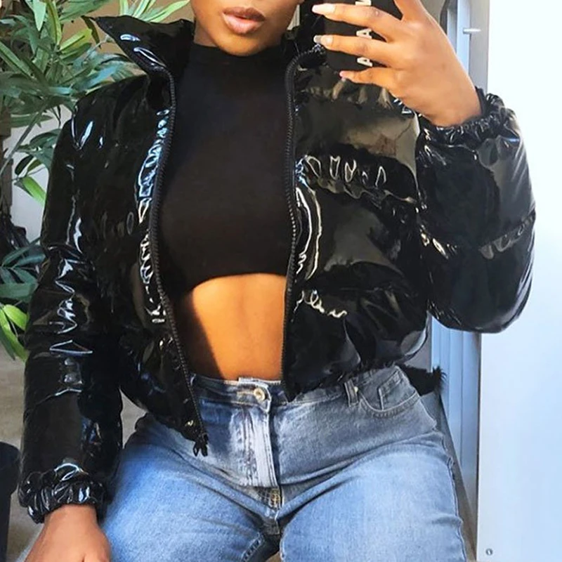 Модная Милая женская Яркая розовая пуховая куртка из искусственной кожи зимние