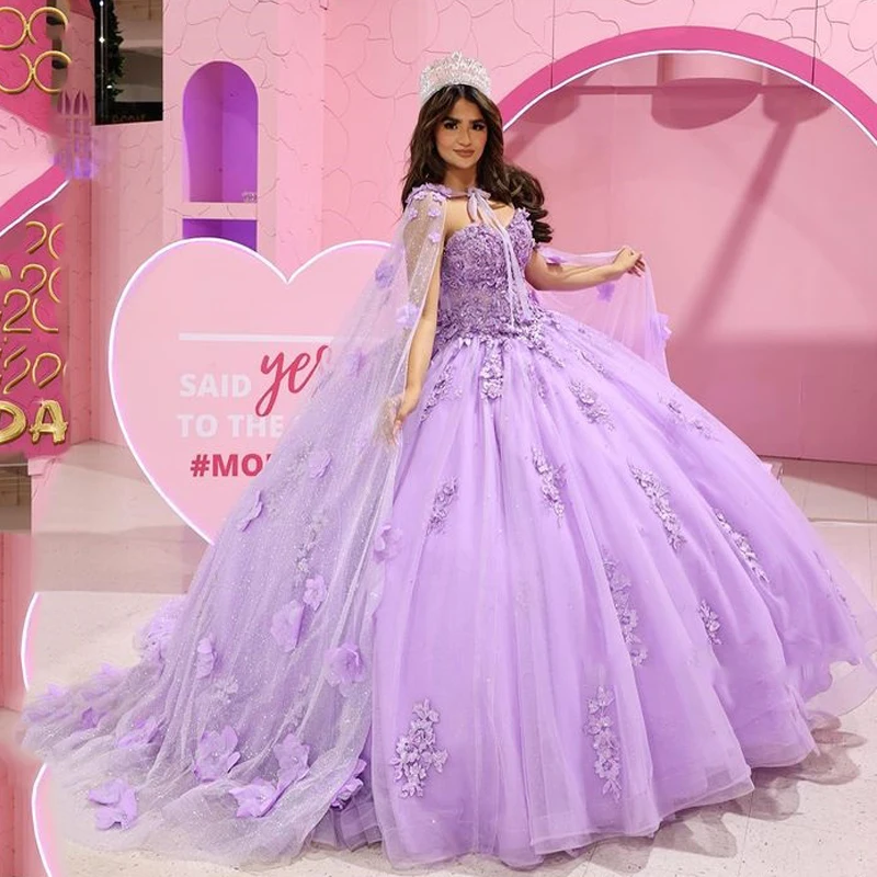 

Lavender Ball Gown Quinceanera Dresses Vestidos De 15 Anos Party 3D Flower With Cape Cinderella 16 Birthday Princess Gowns