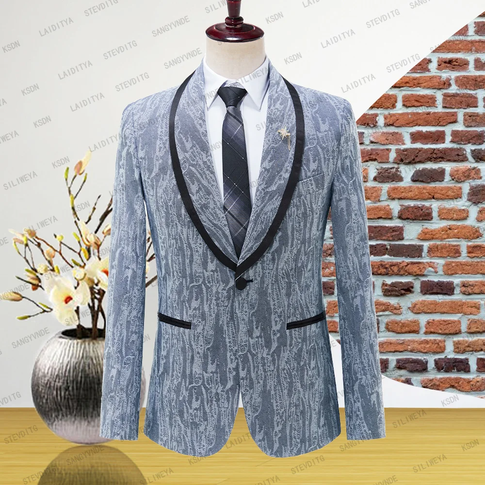 

Man Jacket Light Denim Blue Coat Shawl Lapel Slim Fit Single Breasted Jacquard Fabric Business Blazer Groomsmen 2023