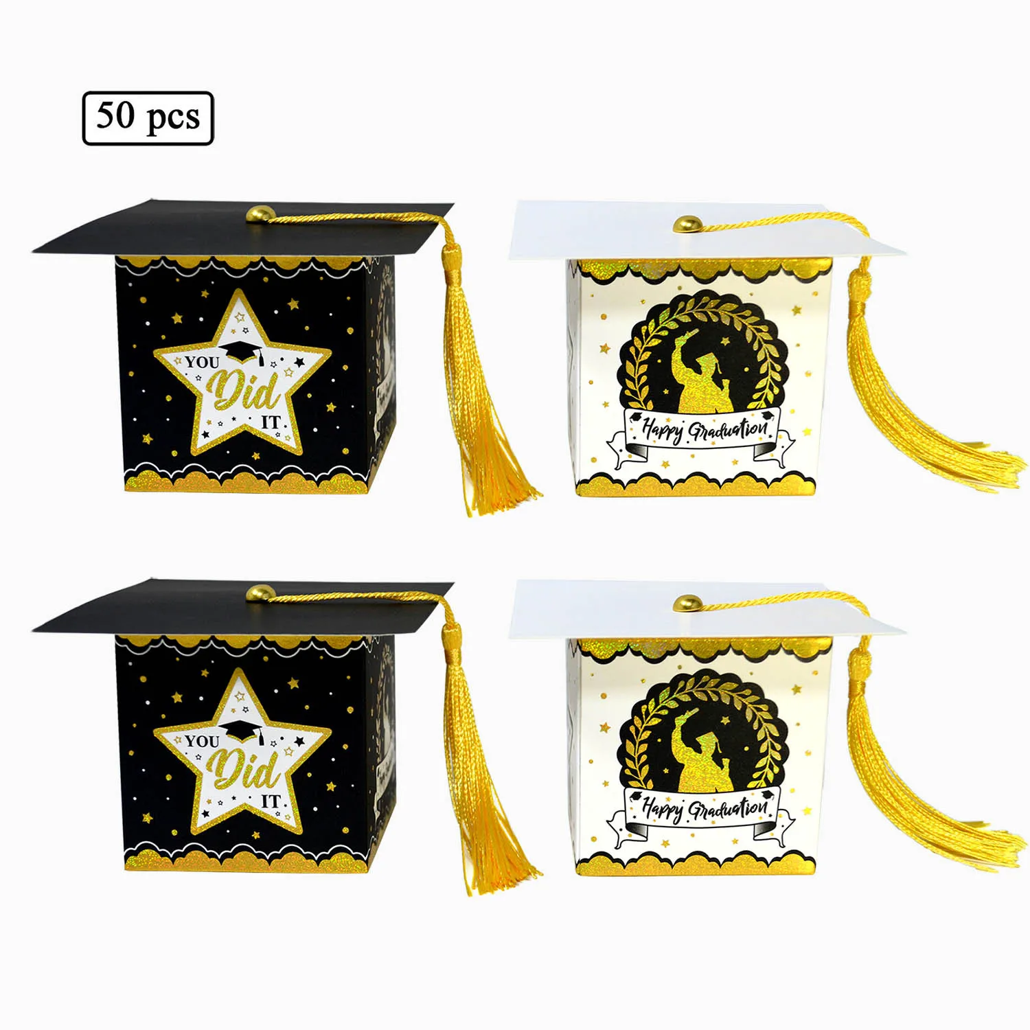 

Graduation Candy Box 50Pcs with Tassel Sticker Graduation Cap Gifts Doctoral Hat Shape Boxes for 2023 Grad Ceremony Supplies