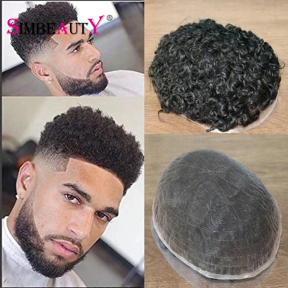 

20MM Curly #1B Jet Black Full Swiss Lace Wave Men Toupee 4MM Afro Curl Human Hair Natural Remy Replacement System Hairpieces