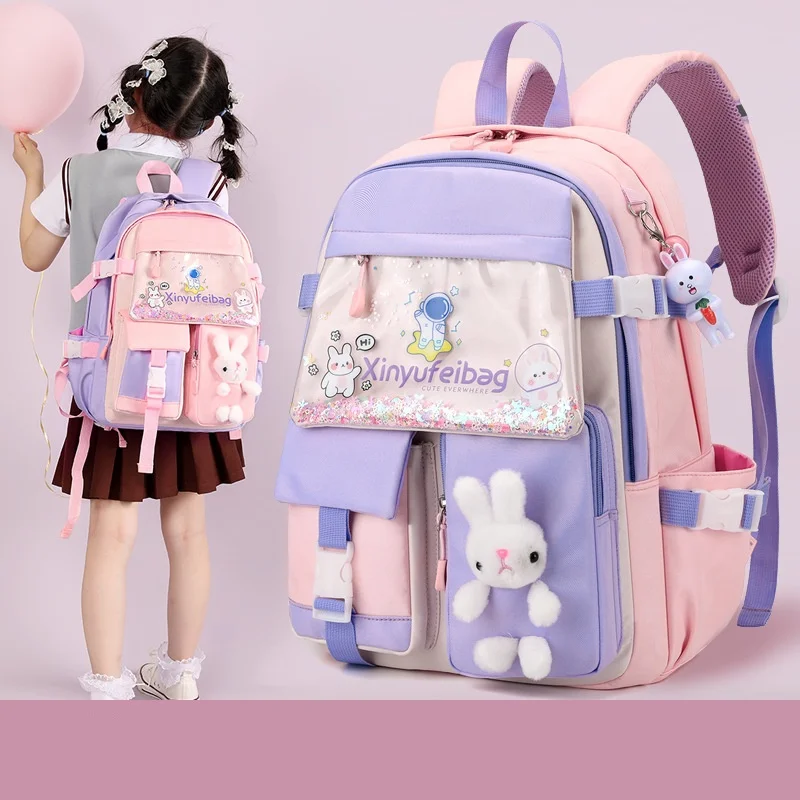 High-capacity Cute Cartoon Rabbit Backpacks for Grade 1-3 Girls Princess Sweet New Children Fashion Trend Quicksand Schoolbags