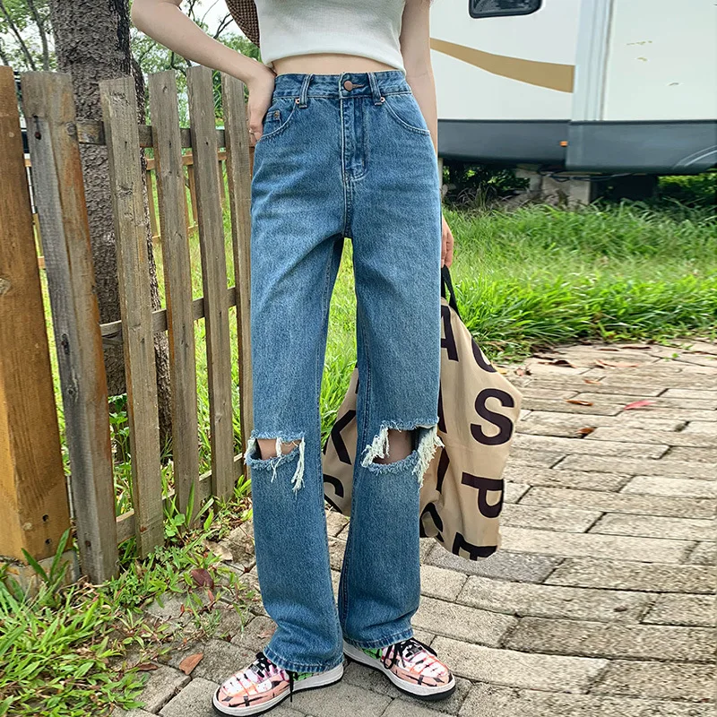 

Women's Clothing Fashion 2022 Summer Ripped Jeans Female High Waist Slim Straight Loose Wide Leg Pants Casual Denim Trousers
