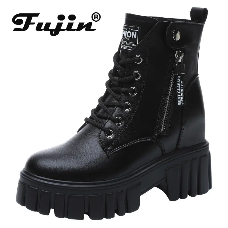 

Fujin 8.5cm Cow Genuine Leather Platform Autumn Winter Mid Calf Motorcycle Boots Hidden Heel Women ZIP Non Slip Lace Up Shoes