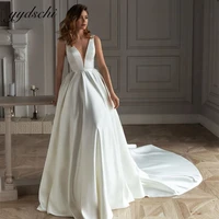 2022 simple v neck wedding dresses for women satin beading spaghetti straps bridal gown sexy backless vestido de noiva
