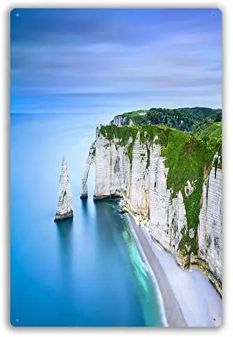 

Metal Sign Etretat Rock Landmarks Ocean Normandy France White Blue Green Modern Wall Art