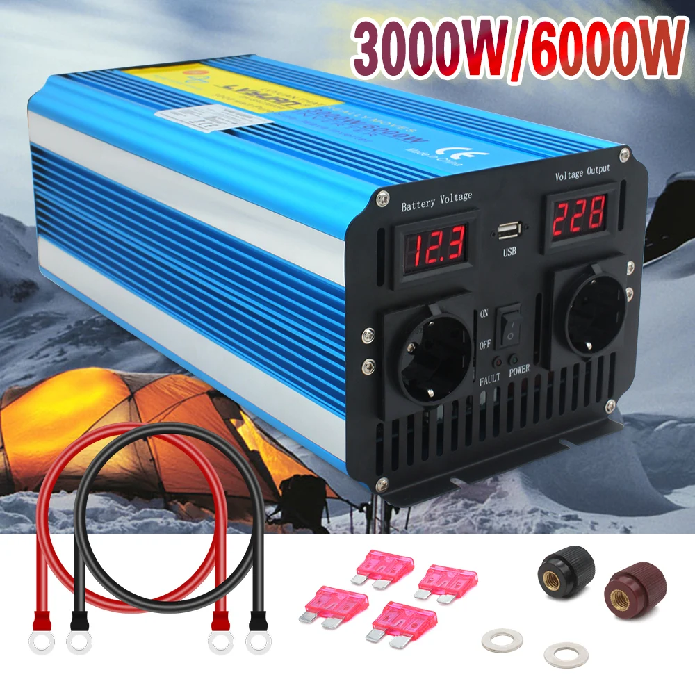 

DC 12V TO AC 220V 50Hz 60Hz 6000W Wireless Control With Dual LED Display Pure Sine Wave 3.1A USB Power Inverter