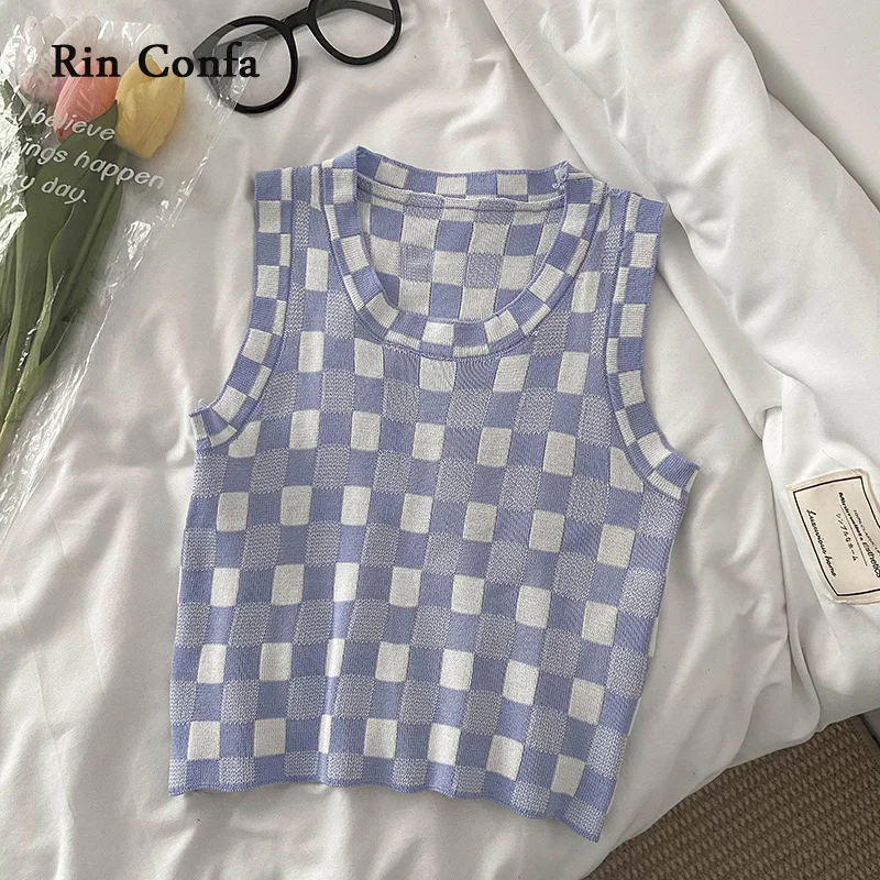 

Rin Confa Round Collar Sleeveless Thin Top Women New Style Contrast Color Gridiron Pattern Vest Fashion Sweet Knitting Top