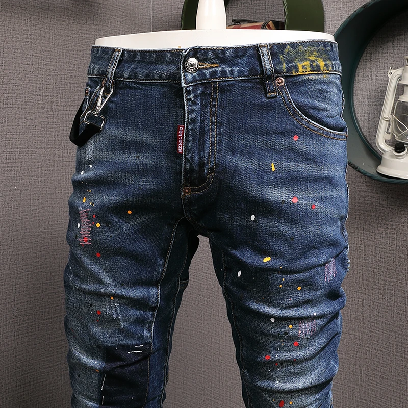 Streetwear Fashion Men Jeans Retro Blue Stretch Slim Fit Spliced Ripped Biker Jeans Homme Painted Designer Hip Hop Pants Men