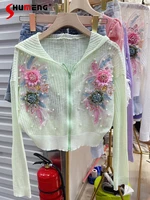 new beaded embroidery three dimensional flowers zipper knitted shirts 2022 summer womens long sleeve sun protection overshirt