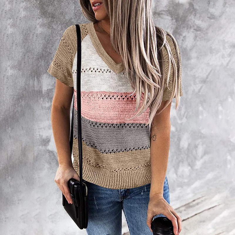 

Short sleeve sweater women's spring and summer new loose V-neck Pullover bottoming shirt thin hollow stripe sweater