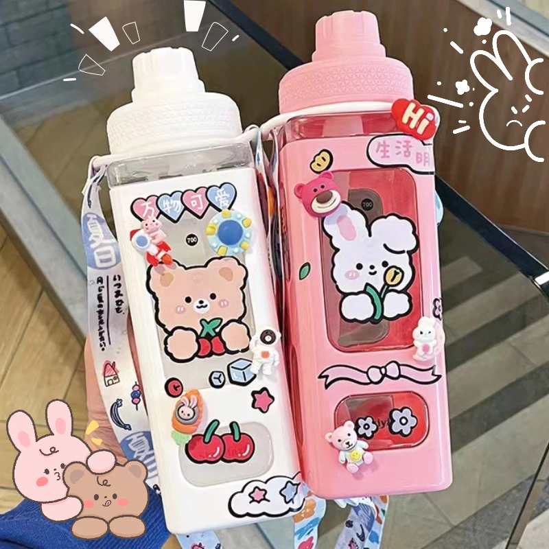 

700ml/900ml Cute Plastic Water Bottle for Girls with Straw Portable Kawaii Tumbler Children's Drinkware with Juice Milk
