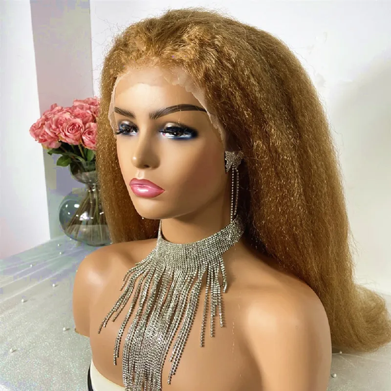 

Natural Long 28inch Soft Honey Blonde Kinky Straight Hair Wig For Women Natural Hairline Kinky Straight Wig With Afro Baby Hair