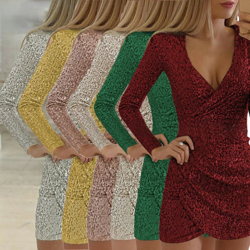 

2022 Summer New Women'S Sexy Temperament V-Neck Irregular Short Skirt Sequins Tight Party Cocktail Dress Mini Ladies Dress