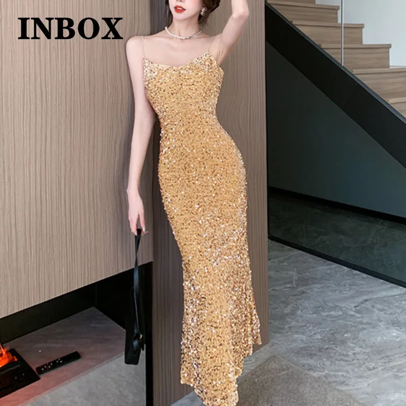 Glitter Golden Sequins Wrap Dress Clubwear Outfits 2023 Sexy Backless Bodycon Strape Long Dress Party Vestido Plateado Brillante