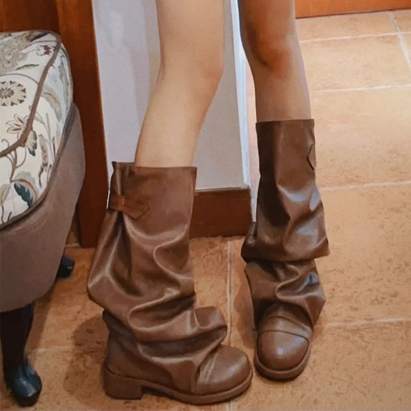 

Ковбойские сапоги Cowgirl в западном стиле, длинные сапоги в Корейском стиле, плиссированные зимние рыцарские сапоги с круглым носком, сапоги до середины икры на массивном каблуке
