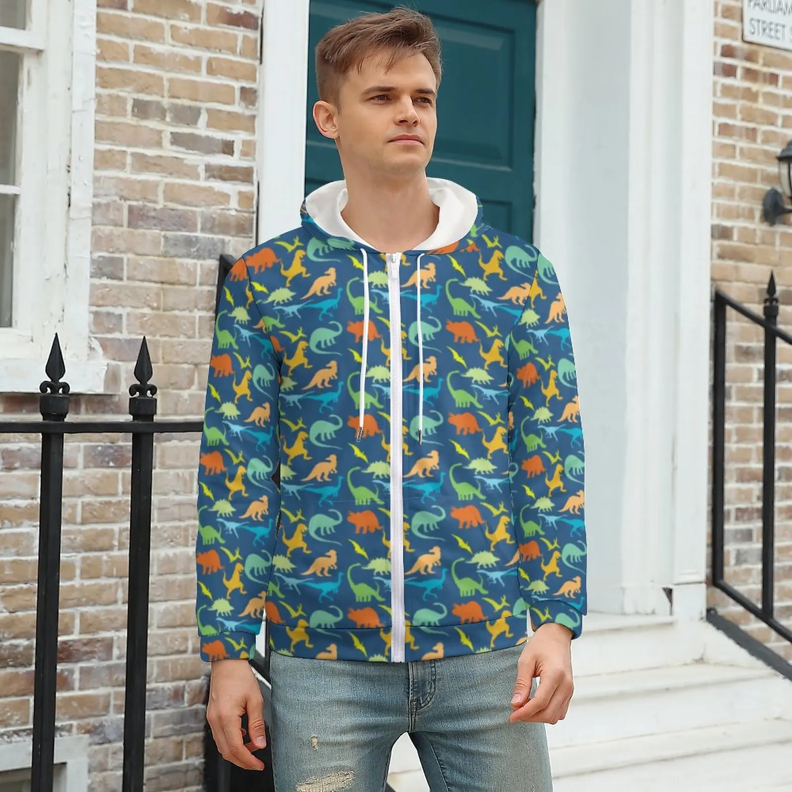 

Animal Silhouette Hoodies Colorful Dinosaurs Autumn Polyester Hoodie Full Print Zip Up Hoodie For Man Oversize