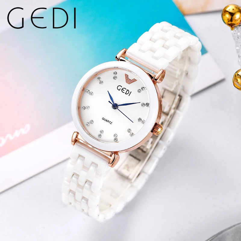 GEDI Fashion White Ceramics Women Watches Elegant 30M Waterproof Diamond Scale Ladies Quartz Watch Gift for Girls Reloj Mujer