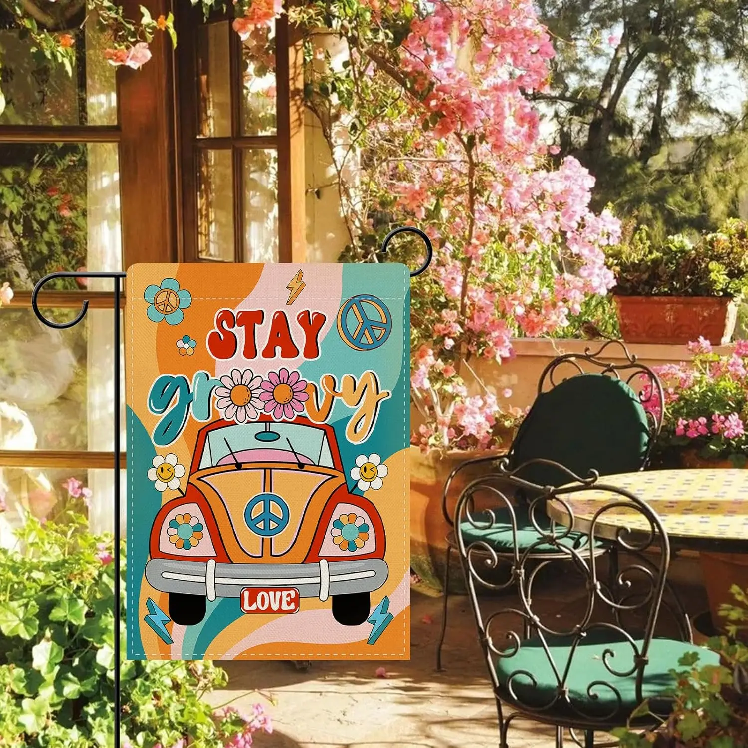 Фото Dyrenson Stay Groovy Хиппи Автомобильный декоративный садовый флаг, Ретро Хиппи Цветочный двор Дейзи снаружи украшения дома, 60-е 70-е годы Birt KKW №2