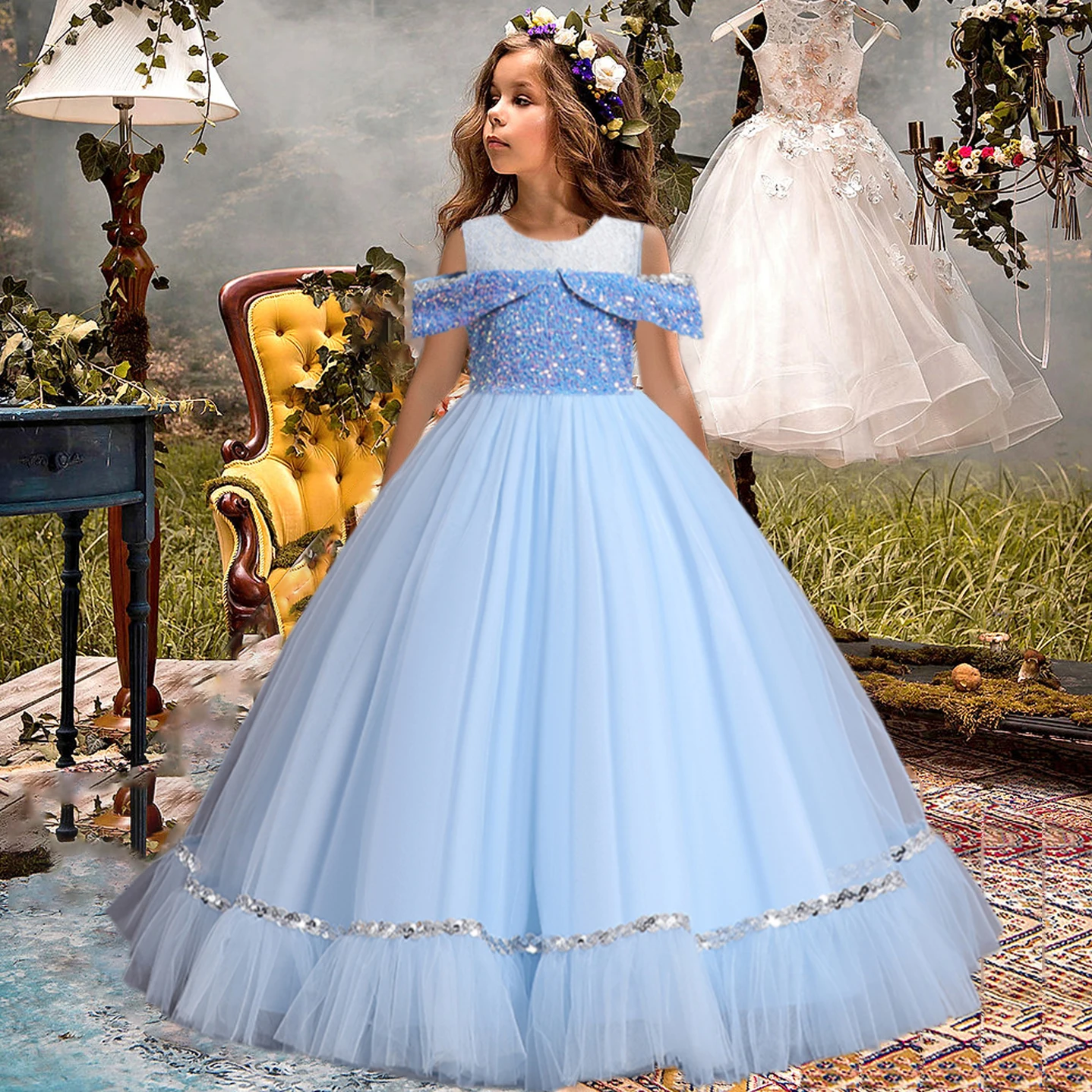 

Летнее Тюлевое платье с блестками для девочек, детские костюмы подружки невесты, свадебные женские платья принцессы для девочек с бантом, для дня рождения