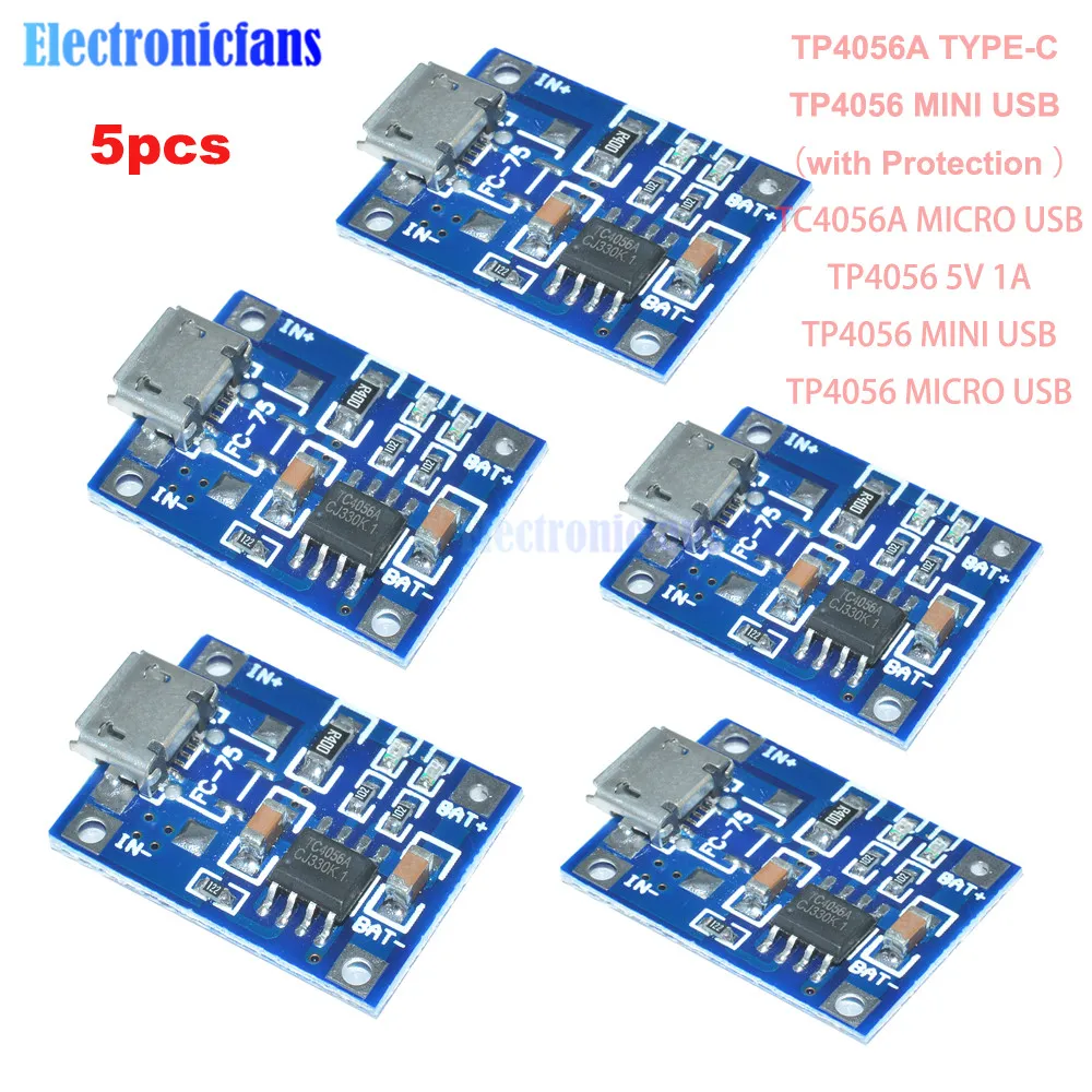 

5PCS 5V 1A Micro USB 18650 Type-c Mini Lithium Battery Charging Board Charger Module Protection Dual Functions TP4056 TP4056A