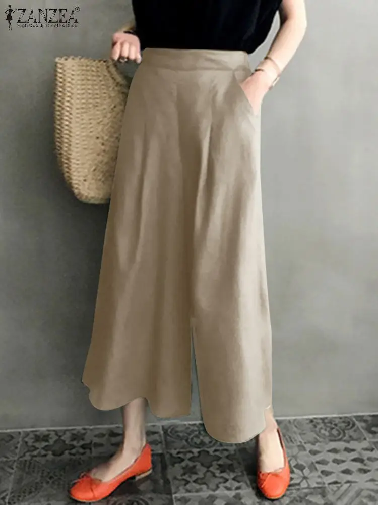 

2022 ZANZEA Summer Women Wide-leg Pant Pantalon Solid Ankle Length Elastic Pockets Palazzo Casual Holiday Elegant Turnip Palazzo