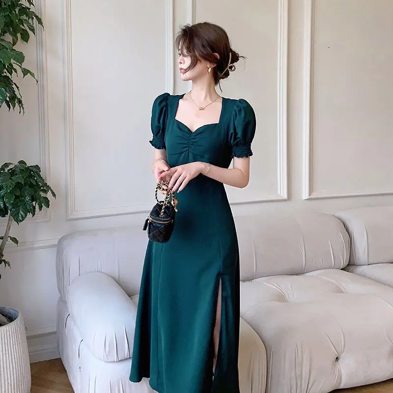 

Green V-neck Dress Female Summer 2022 New Solid Bubble Sleeve Square Collar Hepburn Style French Retro Split A-line Dress Trend
