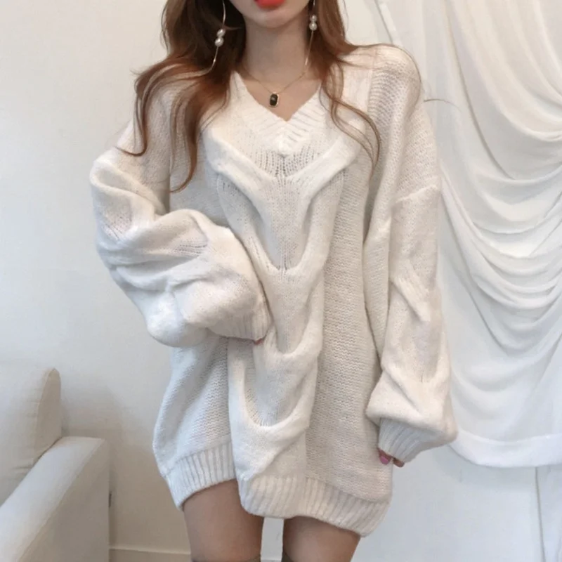 

Women's Sweater 2022 Korean Autumn Fashion V-neck Loose Hemp Pattern Pattern Casual Loose Long-sleeved Knitted Sweater Top