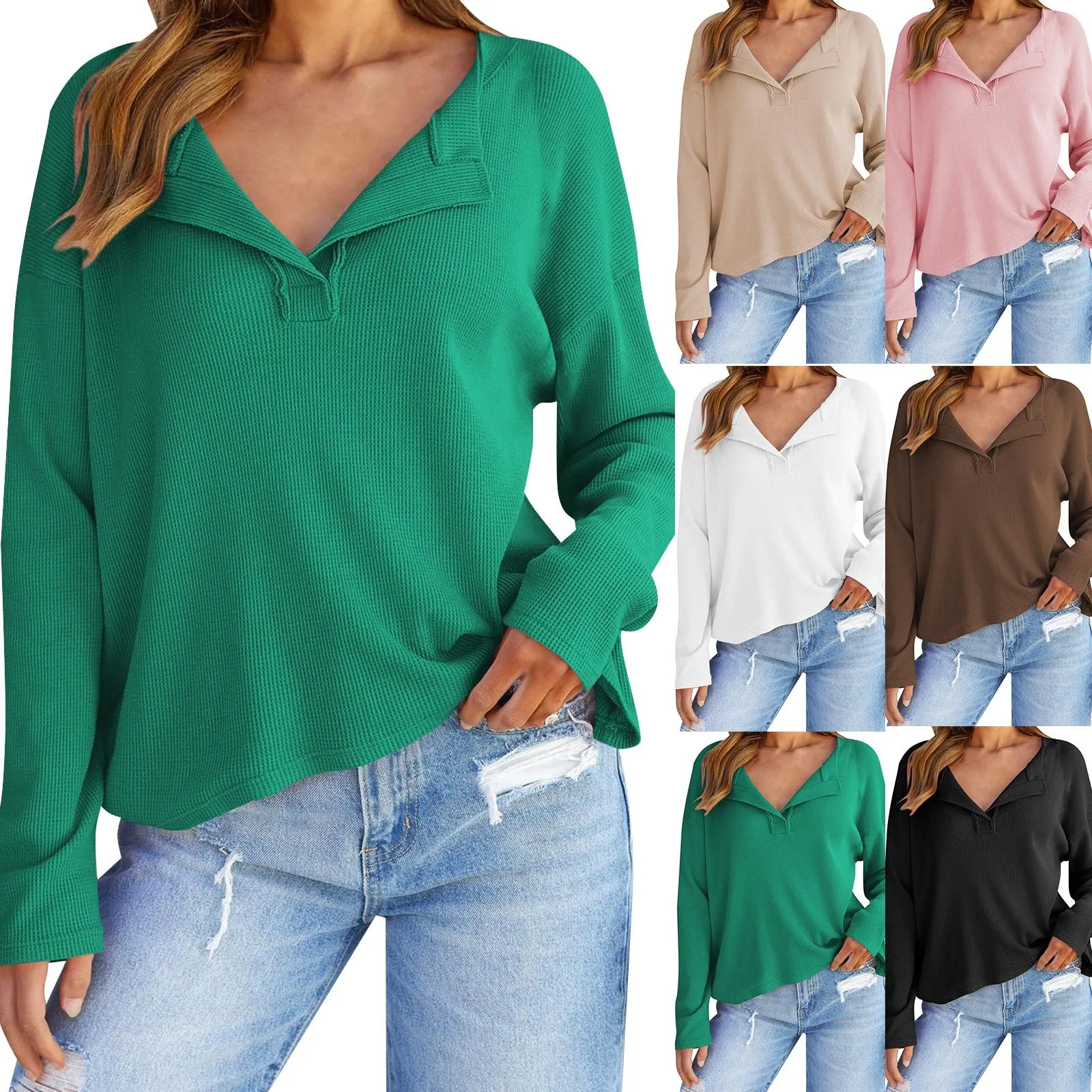 

Женский однотонный трикотажный топ в клетку с V-образным вырезом, отложным воротником и длинными рукавами, Высокие Низкие топы, блузки, туника