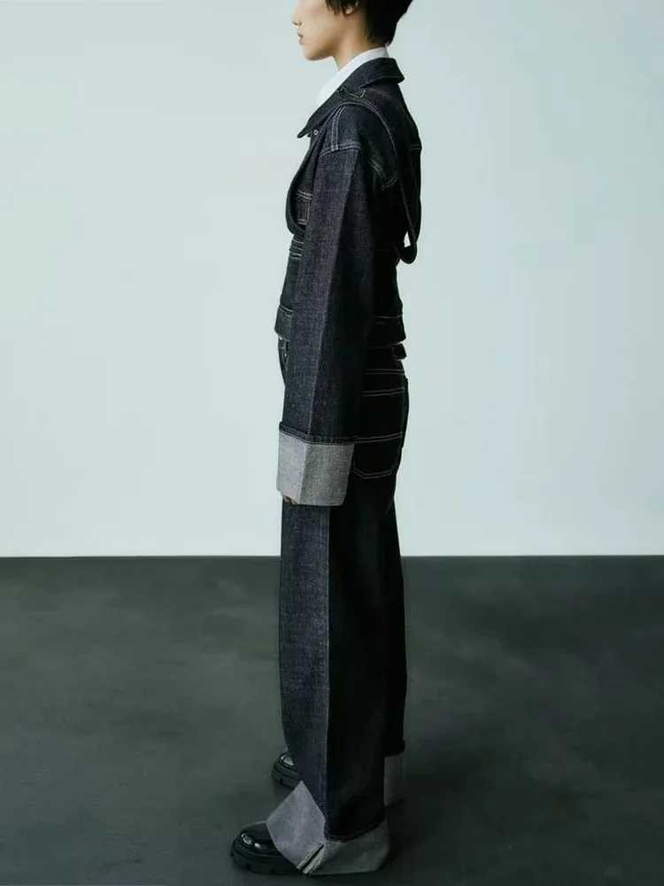 TRAFZA женская мода Casual Rolled Pants Solid Colour Button Loose Wide Leg High Waist Streetwear Commuter Jeans