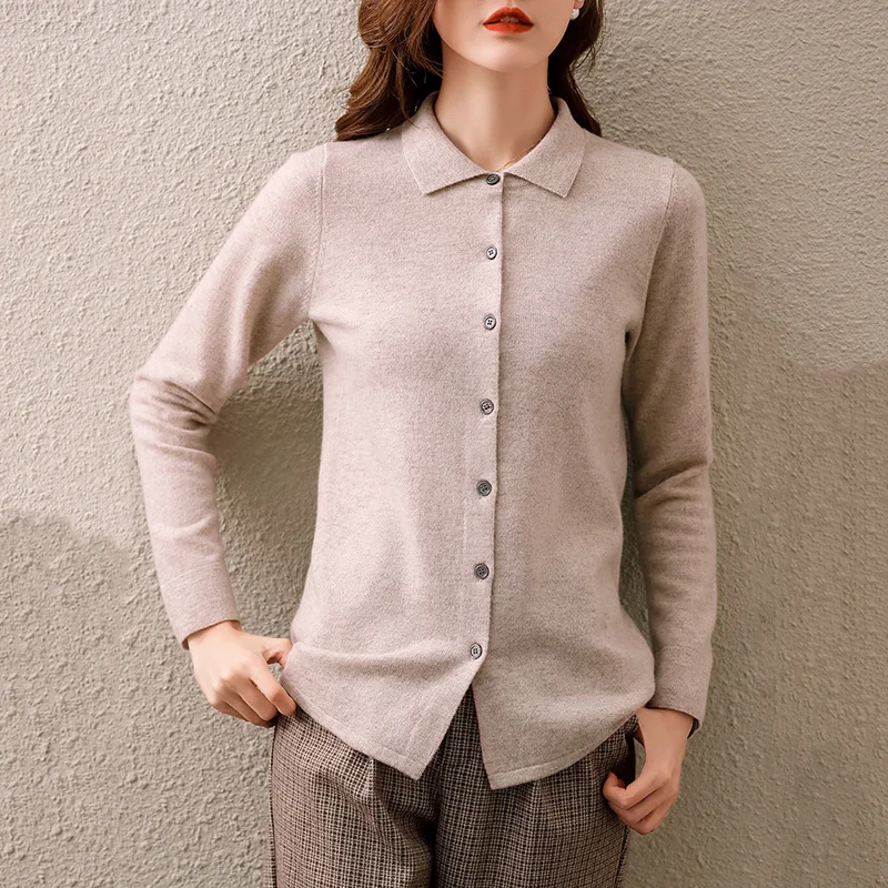 

New Style 100% Pure Wool Sweater Shirt POLO Collar Knitted Cardigan Women's Short Base Sweater Loose Cardigan Jacket