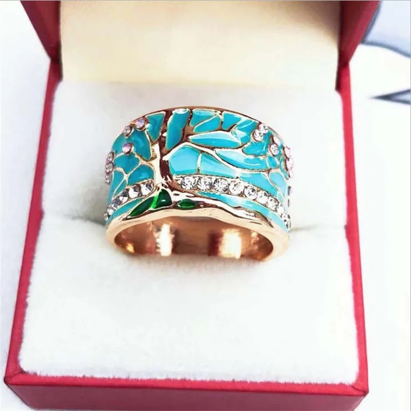

Exquisite Luxury Gold Colors Tree Rings for Women Trendy Metal Inlaid White Stone Party Ring Engagement Jewelry Gift