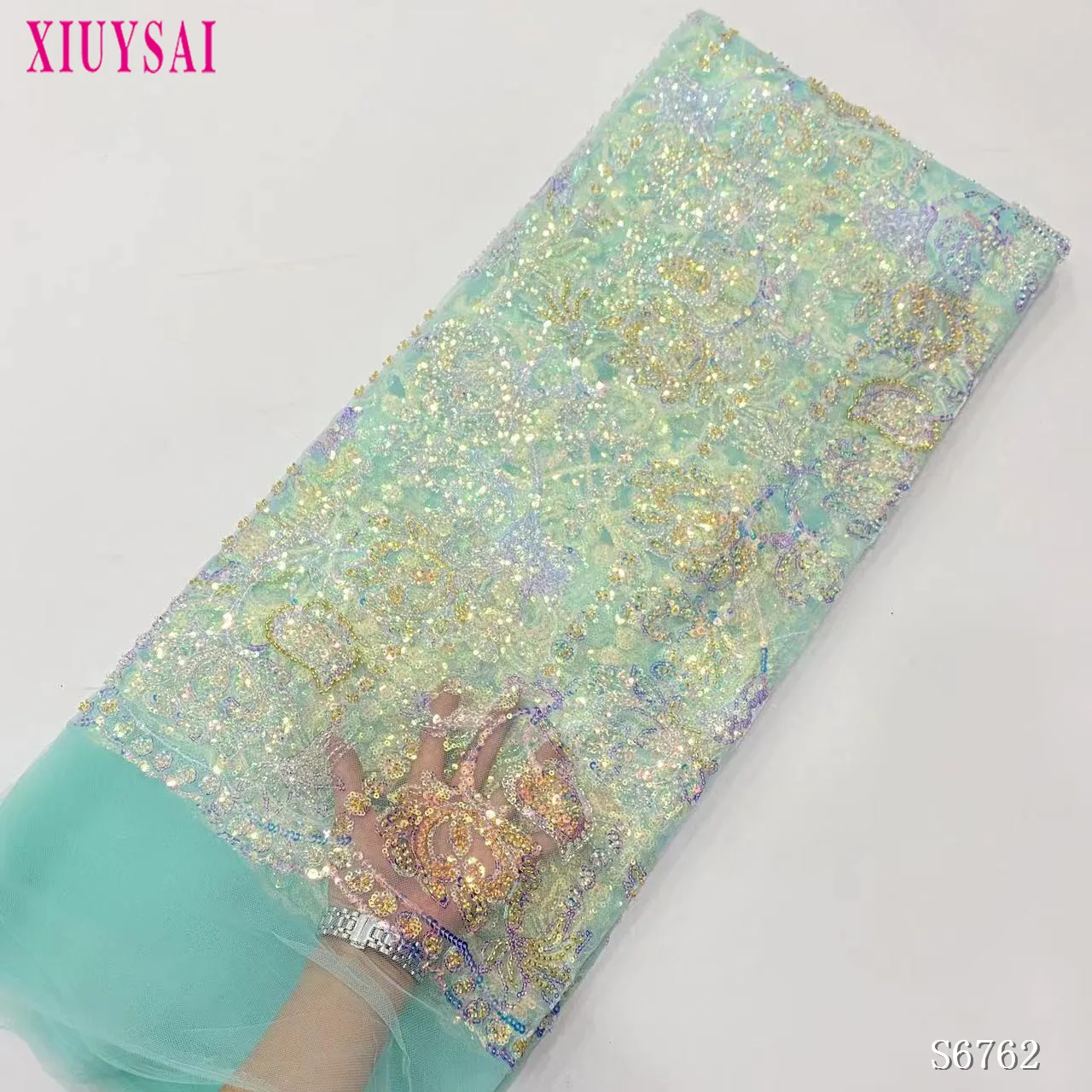 

Modern Nigerian Heavy Beaded Lace Fabric Luxury Light Green Dubai Tulle Embroidery Lace Fabric for Evening Dress Bridal Fabrics