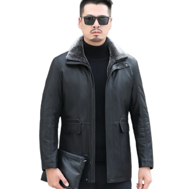 

YXL-188 Winter Natural Leather Down Men's Medium-Length Middle-aged Dad's Thickened Black Cold-Proof Jacket