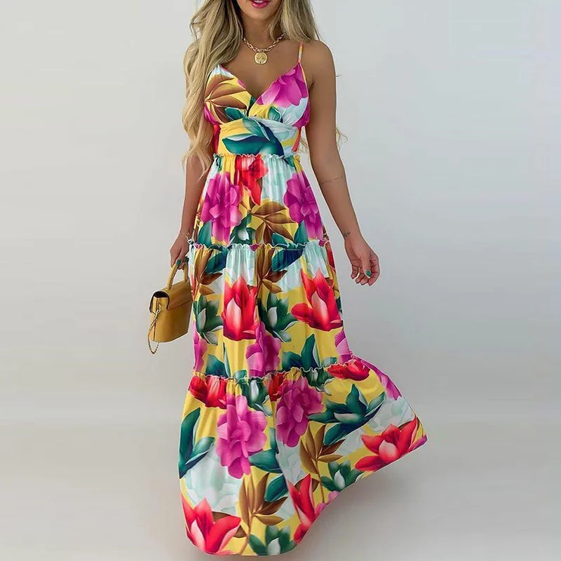 

2023New Dress， Spring and Summer New Women's V-neck Suspender Skirt Printed Long Skirt Sexy Dress