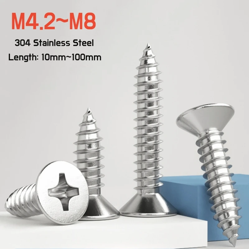 

M4.2 M5 M6 M8 304 A2 Stainless Steel Phillips Flat Head Self Tapping Screw Cross Recessed Countersunk Wood Screw Length 10~100mm