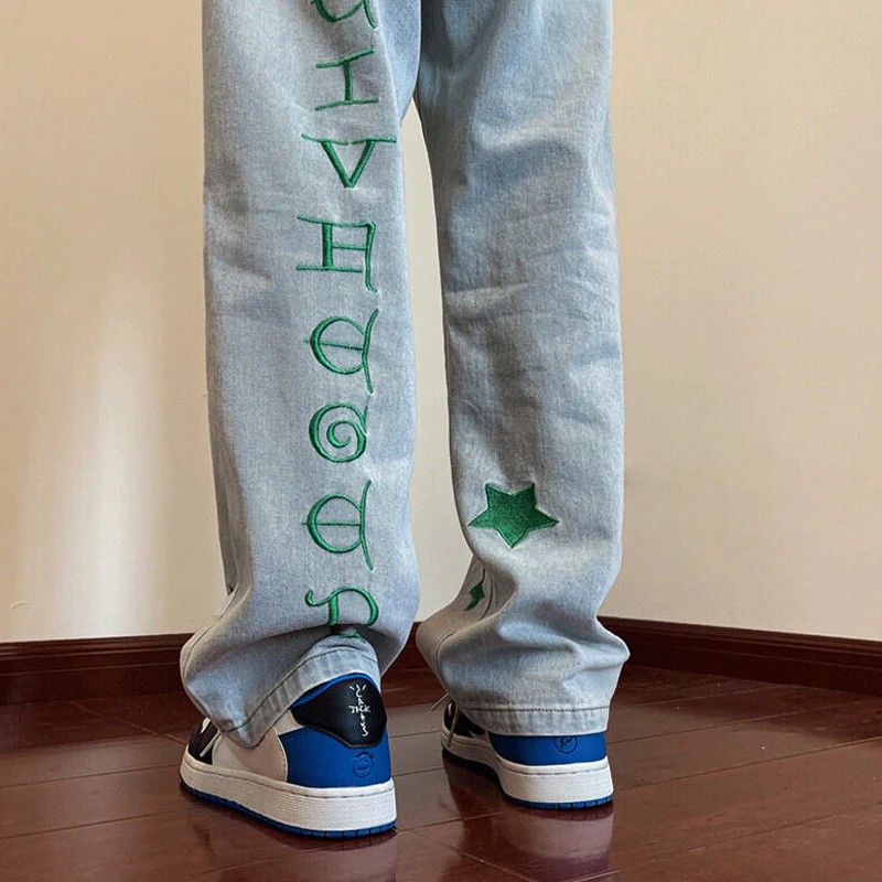 Mens Y2K Clothes Jeans Star Embroidery Denim Trousers  Streetwear Baggy Pants Casual Jean Vintage Hip Hop Wide Leg Pants Men